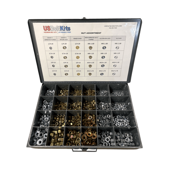 US Bolt Kits Nut Assortment - 1290 Pieces Standard and Metric Flange, Hex, and Nylon Lock Nuts